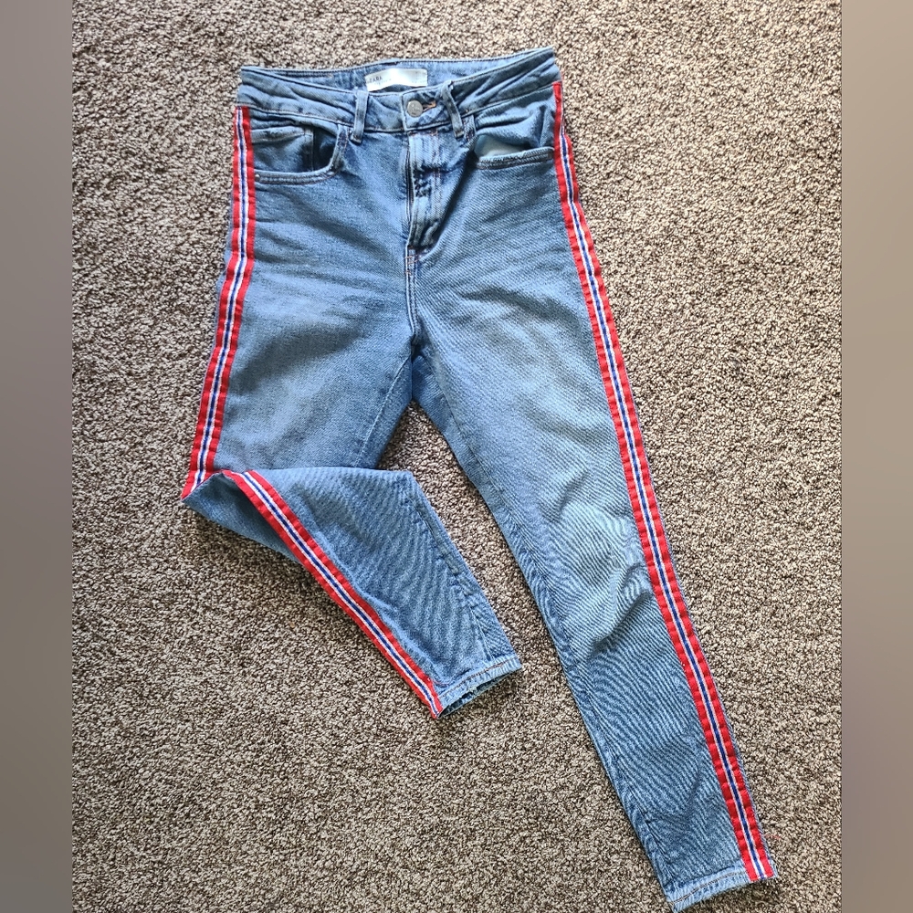 **ZARA**High Waist Jeans with Red Stripe